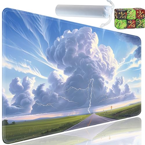 Playmat for MTG, 24x14 Inches Playmats, for TCG and CCG Trading Card Game Mat, Non-Slip Rubber for MTG Playmats with A Storage Bag and 6 Dice Set, White Clouds, Road View Pattern - color: Yu-Playmat-1-C67