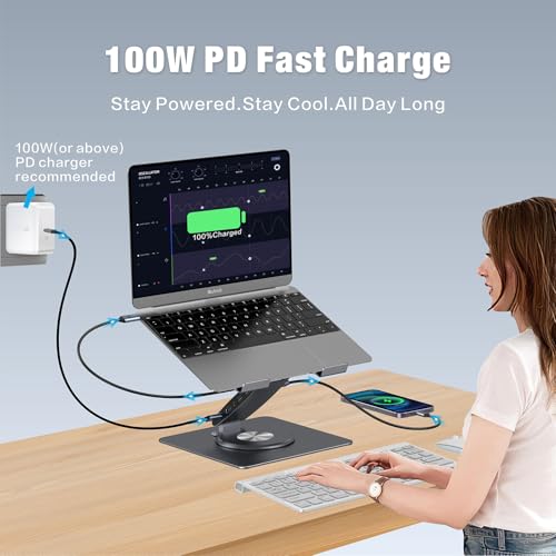 Adjustable Laptop Stand for Desk with Docking Station 11-in-1, Aluminum Laptop Riser with USB Hub 360°Swivel Dual Display 4K60Hz HDMI Gigabit Ethernet USB3.0 PD100W for MacBook Pro Air/Dell/HP 7-15.6" - size: 11-in-1 Hub Laptop Stand