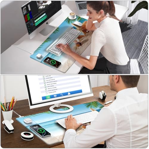 Wireless Charging Mouse Pad, 31.5"x15.8", with 20W PD Adapter, Summer Beach | Desk Writing Pad for Home Office Gaming, Waterproof Ultra-Smooth Surface, Non-Slip Base - color: Summer Beach-31.5"x15.8"(with Wall Charger)