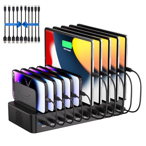 100W Charging Station for Multiple Devices, 10-Port USB Fast Charging Station with Adjustable Dividers & 10 Cables- Multi Device Organizer Charging Dock for iPhone, iPad, Tablets & More(Black) - color: Black