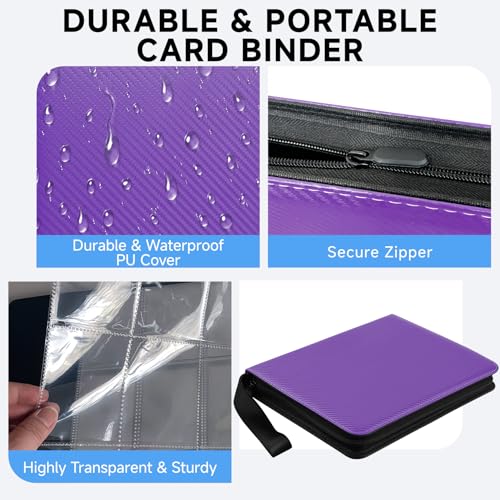 9 Pocket Trading Card Binder, Holds 1080 Cards with 60 Removable Double-Sided Sleeves, Premium Zipper Top Loader Card Collection Album, PU Card Folder Holder for MTG, TCG, Baseball, Sports Cards - color: Purple