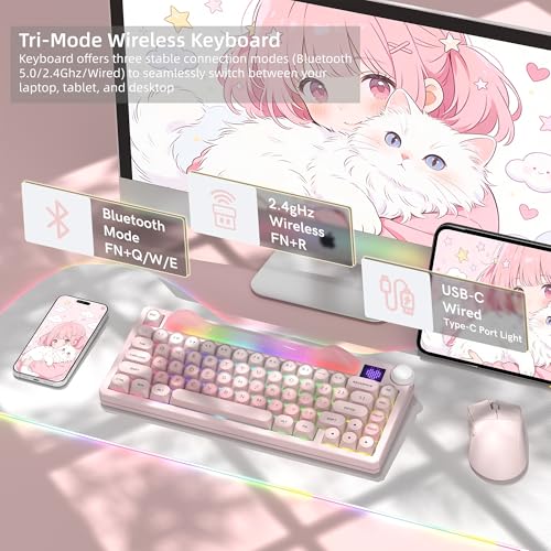 Womier K80 75% Wireless Mechanical Keyboard with Screen and Knob Keyboard | Pink Cat Creamy Bluetooth Gaming Keyboard,RGB/Hot Swappable/PBT Keycaps,QMK/VIA Programmable for Mac/PC,Pink - color: Pink-1