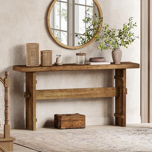 TRIBEWOOD 63-Inch Solid Wood Console Table for Entryway, Narrow Long Farmhouse Sofa Table Behind Couch, for Foyer, Hallway, Living Room, Easy Asswmbly, Brown - color: Brown