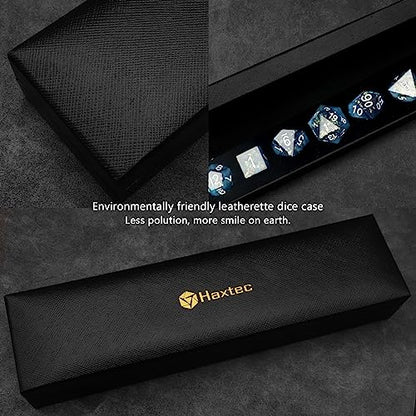 Haxtec Sharp Edge DND Dice Set, Gold Foil Resin Polyhedral RPG Dice | Blue D&D Dice for Role Playing Games, Compatible with Dungeons and Dragons, Handmade 7-Die with Metal Case, TTRPG Gifts - color: Blue White Gold