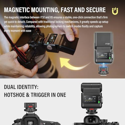 Godox IT32 TTL Mini Flash with X5S Trigger for Sony Camera | 2-in-1 Magnetic Hot Shoe & Flash Trigger Kit, 2.4G HSS GN18 Speedlight, Colorful Touch Screen, LED Modeling Lamp & Diffuser