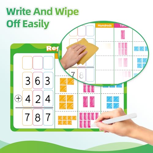 12 PCS Place Value Chart Dry Erase Flash Cards, Addition and Subtraction Learning Math Games for Kids, Base Ten Board Math Manipulatives 1st 2nd 3rd Grade Teacher Classroom Must Haves