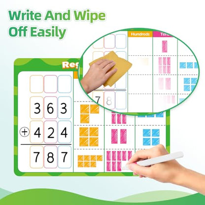 12 PCS Place Value Chart Dry Erase Flash Cards, Addition and Subtraction Learning Math Games for Kids, Base Ten Board Math Manipulatives 1st 2nd 3rd Grade Teacher Classroom Must Haves