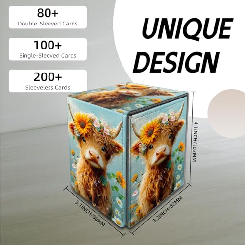 for MTG Deck Box, Trading Card Storage Case Holds 100+ Sleeved Cards, Flower-Crowned Highland Calf Magnetic Closure Durable Deck Holder for Magic The Gathering, TCG & Commander - color: Flower-Crowned Highland Calf
