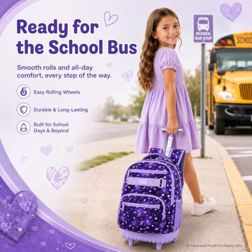 3Pcs Rolling Backpack for Girls Teens, 19" Wheeled Backpack with Lunch Box, Polka Dots Travel Roller Backpack for Women College Students (Purple) - color: Starry Sky Heart Purple
