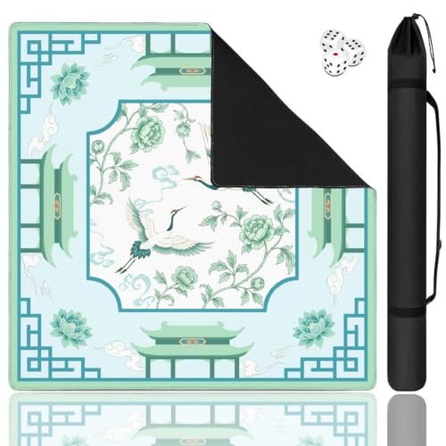 Chinoiserie Green Mahjong Mat for Table, 31.5*31.5in Anti Slip Mahjong Table Cloth, Noise Reduction, Neoprene Mah jongg Mat with Carrying Bag & 3 Dices, Mahjong Set Gift, Poker Board Tile Games Mats - color: Crane