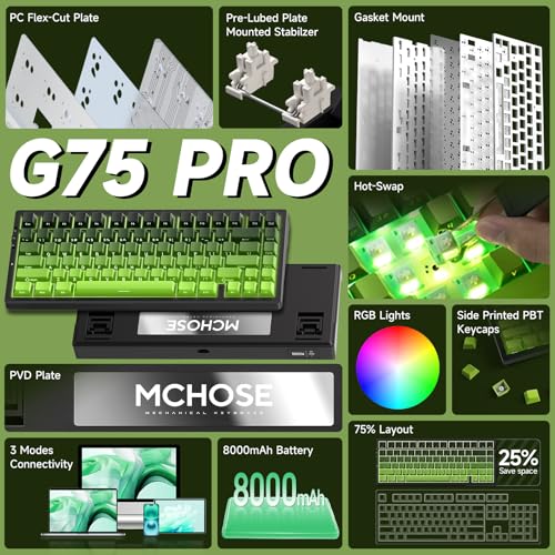 MCHOSE G75 PRO 75% Wireless Mechanical Keyboard, TKL Keyboards Tri-Mode BT5.0/2.4GHz/USB-C, Hot Swap Custom Creamy Keyboards Linear Switch, Double Shot PBT Keycaps RGB LED Backlit, Black&Green - color: Black&Green