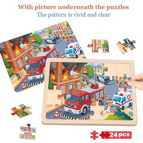 Wooden Puzzles for Kids Ages 4-6, 4 Pack with 24 Pieces Jigsaw Puzzles Preschool Educational Toys Gifts for Children Ages 3-5, Kids Toys Gifts for 4+ Year Olds Boys Girls - color: Vehicle Farm Airplane Boat