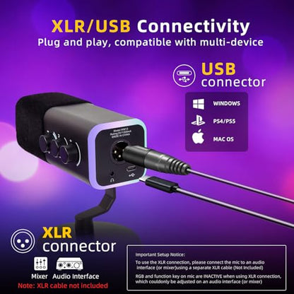 VCOM XLR/USB Gaming Microphone for PC,Dynamic Computer Mic for Streaming Podcasting,RGB Light, Mute Button, Headphones Jack, Desktop Stand, Vocal Mic for Singing YouTube TikTok Streaming