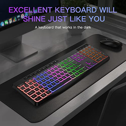 TECURS Wireless Gaming Keyboard - Light Up, Silent, Ultra Slim Full Size, LED Backlit 2.4G with Multimedia Keys for Mac & Windows