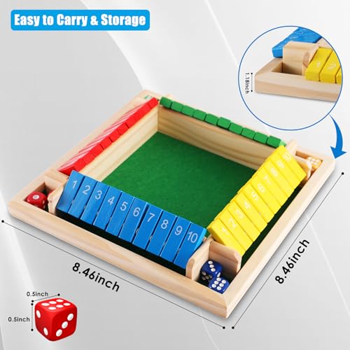 Shut The Box Dice Game, 4-Players Wooden Board Game with 8 Dices, Family Math Games for Kid and Adult,Perfect Tabletop Game for Classroom,Home,Pub, Camping and Party