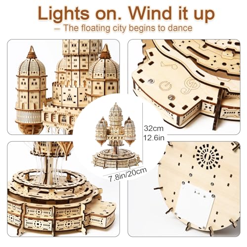 3D Wooden Puzzle for Adults – SkyCity Floating Castle Music Kit with LED Lights & Rotating Mechanism, DIY Mechanical Building Set, Hobbies Puzzle Models for Teens & Collectors - style: SkyCity Floating Castle