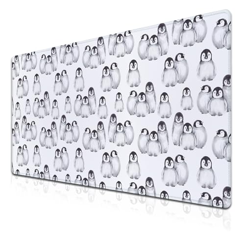 Gaming Mouse Pad White, Big Mouse Pads Office Desk Pad, XXL Mousepad Non-Slip Rubber Base Waterproof with Stitched Edges, 35.4 X 15.7 inch for Work/Game/Office/Home Little Penguin Isolated - color: Little Penguin Isolated