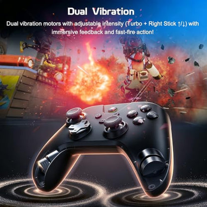 Joso Wired Gaming Controller with 1000Hz Polling Rate, USB Gamepad for Android, Switch, PC & PS4, Turbo and Adjustable Dual Vibration, 6.6-Foot Cable, USB C Adapter Included - color: Black