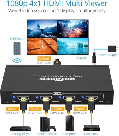 gofanco 1080p 4x1 HDMI Multi Viewer (QuadView) | View 4 HDMI Sources on 1 Screen, 1080p Quad/Dual/Single Modes, IR Remote, Ideal for Security, Gaming & Monitoring QuadView - size: 1080p 4 in 1 out, QuadView