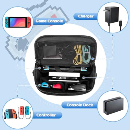 LUXJA Carrying Case Compatible with Nintendo Switch & Steam Deck, Black | Multiple Pockets Shoulder Bag for PlayStation Portal, ROG ally, Console Dock, Joy-Cons, Game Cards and More Accessories