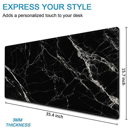 XXL Waterproof Office Desk Pad Protector 35.4x15.7 Inch - Extended Gaming Mouse Pad with Non-Slip Rubber Base, Thickened Keyboard Mat, Stitched Edges & Black White Marble Design - color: Black White