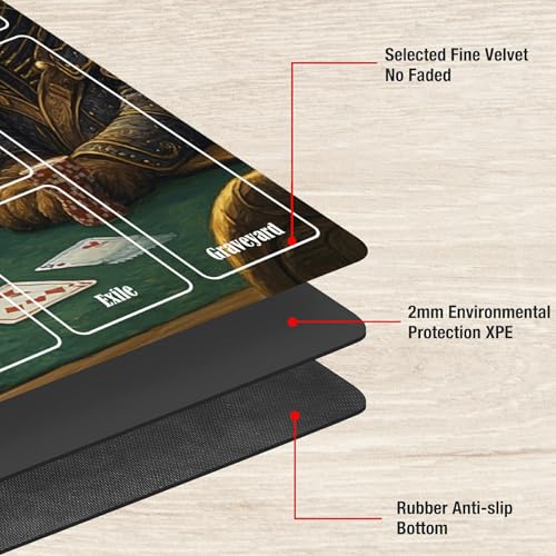 MTG Playmat with Zones, TCG Card Game Play Mat with Stitched Edges, Non-Slip Rubber Base Gaming Desk Mat, Smooth Surface 24 x 14 Inch, Cats Play Poker - color: Cats Play Poker, size: Zone 1