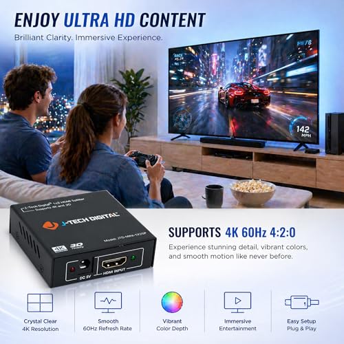 4K@60 HDMI Splitter 1 in 2 out 1X2 Powered Splitter for Dual Monitors by J-Tech Digital [JTD-MINI-1X2SP]