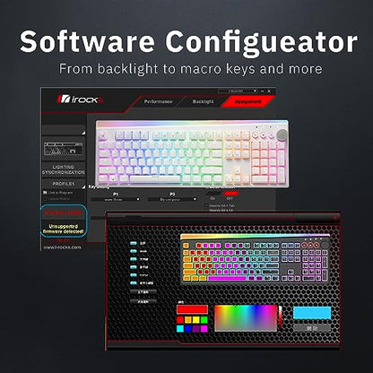 iRocks K71R Wireless RGB Mechanical Gaming Keyboard,Brown Switches,PBT 107 Keys NKRO,RGB Backlit, Pro Keyboard for Gaming and Work,Dual Interface Wireless & Wired, Windows Laptop PC Mac,White - color: White