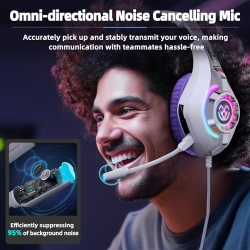 Tatybo Gaming Headset for PS5 PC, Noise Canceling Mic, RGB, Purple | Over Ear, Deep Bass Stereo Sound for FPS, Battle Royale, Lightweight for Xbox, PS4, Mobile, Nintendo, 3.5mm Devices - color: Purple