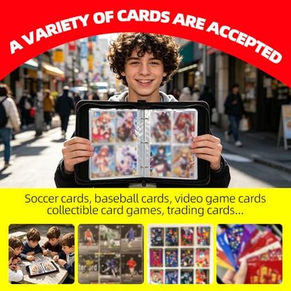Collectible Trading Card Albums,4 Pocket Card Binder, 400 Double Sided Pocket,PU Premium Zip Trading Card Binder for TCG, MTG,Sports Cards (Red&White&Black) - color: Red&White&Black