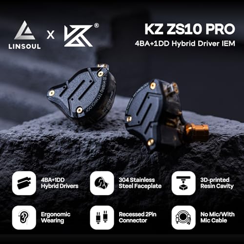 Linsoul KZ ZS10 Pro, 4BA+1DD 5 Driver in Ear Monitor, HiFi Wired Earbuds, Gaming Earbuds, Hybrid IEM Earphones with Stainless Steel Faceplate, Detachable Cable for Musician(with Mic, Dark Black) - color: Dark Black, style: With Mic