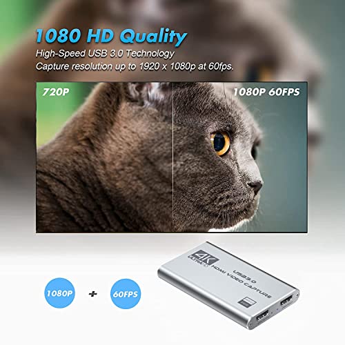 Video Capture Card 4K 1080P 60FPS, USB 3.0 HDMI Video Capture Device, HD Game Capture Card for Streaming, Work with PS4/PS5/Xbox/PC/Mac Windows 10/11 - color: Silver
