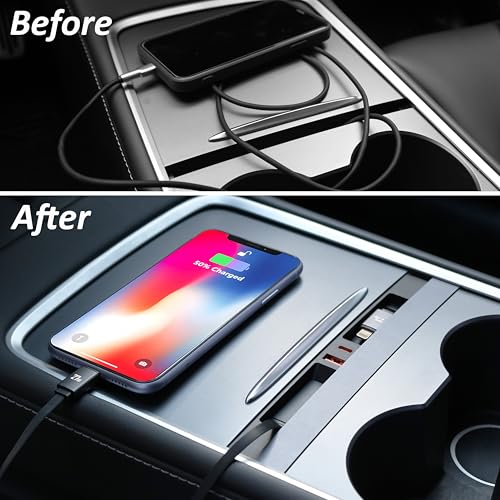 USB Hub Charger for Tesla Model 3 2021-23 & Model Y 2021-24 with Two Cable | Center Console with Two 27W Fast Charging Retractable Cables Phone Charger Docking Station Accessories,Seamless Fit,OEM - color: Model Y 21-24 & Model 3 21-23