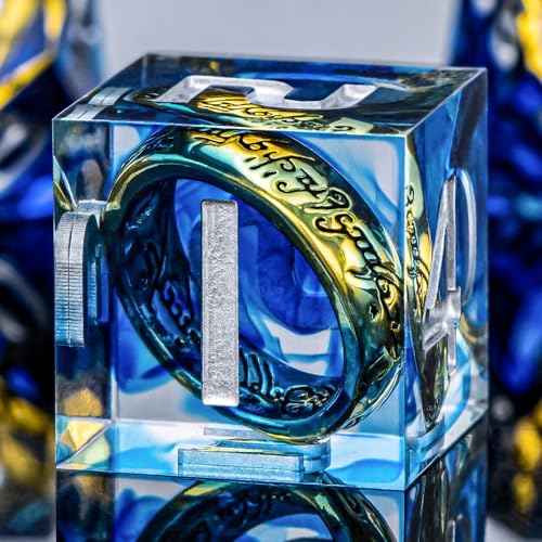 OUKELANWO Magic Lord Rings DND Dice Set with Box, 7Pcs Resin LOTR D&D Dice Set for Role Playing Game, Blue Dungeons Dragons D and D Sharp Edge Dice D20 D12 D10 D8 D6 D4 - color: Blue & White