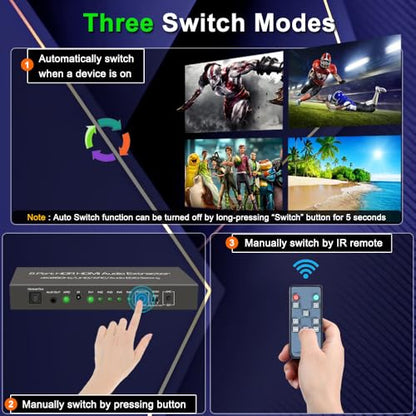 SkycropHD 4K@60Hz HDMI Switch Audio Extractor Converter, 5 in 1 Out HDMI Switcher with Optical & 3.5mm AUX Audio Output, Support HDCP 2.2, HDR10, 18Gbps, ARC