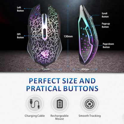 TENMOS M2 Wireless Gaming Mouse, Silent Rechargeable Optical USB Computer Mice Wireless with 7 Color LED Light, Ergonomic Design, 3 Adjustable DPI Compatible with Laptop/PC/Notebook, 6 Buttons (Black) | 2.4GHz Optical, 7 Color LED Lights, Ergonomic, Quiet