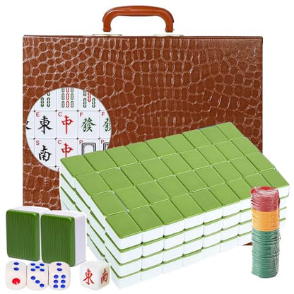 Mahjong Set,Chinese Mahjong Game Set with Carrying Travel Case, 1.5'' Large 146 Tiles with Arabic Numerals, 3 Dices, A Wind Indicator, A Set of Chips, Mah Jongg Set - color: Green-a