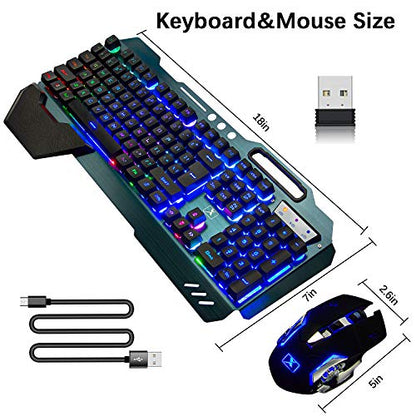 Wireless Gaming Keyboard Mouse & Mouse Pad Combo,3 in 1 Rainbow Backlit Rechargeable Keyboard with 3800mAh Battery Metal Panel Removable Hand Rest,RGB Gaming Mouse Pad(32.5x12 inch),Mute Gaming Mice - color: Rainbow