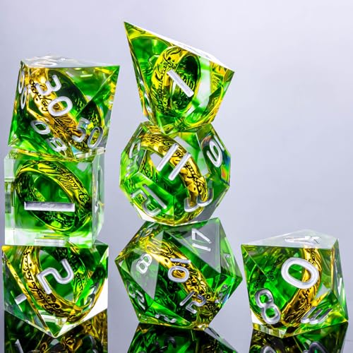 OUKELANWO Magic Lord Rings DND Dice Set with Box, 7Pcs Resin LOTR D&D Dice Set for Role Playing Game, Green Dungeons Dragons D and D Sharp Edge Dice D20 D12 D10 D8 D6 D4 - color: Green & White