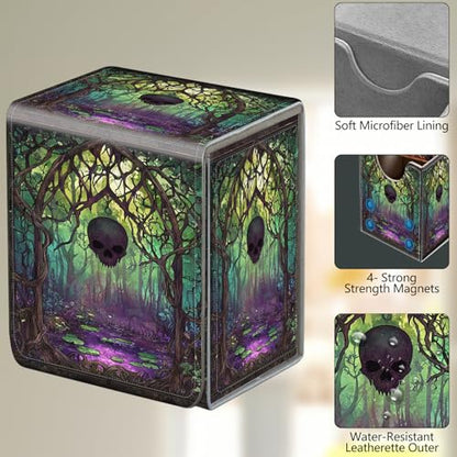 Card Deck Box, Card Storage Box Fits 100+ Single Sleeved Cards, Large Capacity PU Leather with Strong Magnet for Magic Commander TCG/CCG, Skull Swamp - color: Skull Swamp