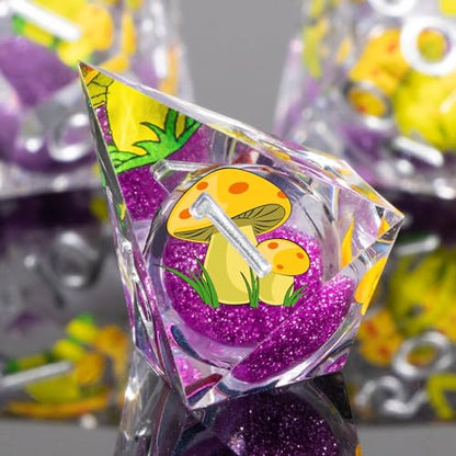 OUKELANWO Liquid Core Mushroom DND Dice Set D&D, 7Pcs Resin Sharp Edge Dice with Gift Box, Dungeons Dragons D and D Role Playing Gaming Dice D20 D12 D10 D8 D6 D4, Purple and Yellow - color: Purple and Yellow