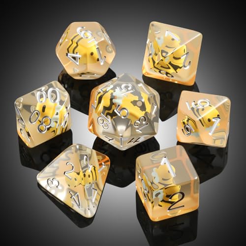 Bee D&D Dice,DNDND 7PCS Resin DND Dice Set with Velvet Bag for Dungeons and Dragons Role Playing Games and Tabletop Games（Bee - color: Bee