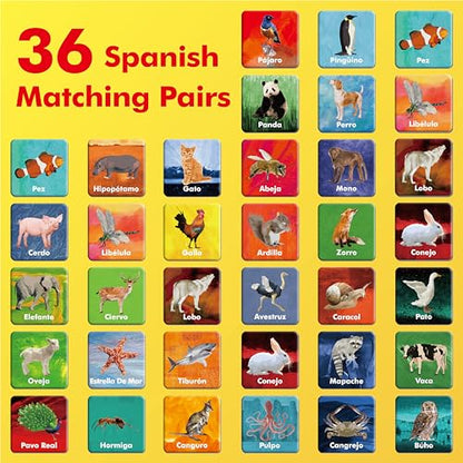 Hebayy 36 Pairs Animal Matching Game, 72PCS Spanish Flashcards 36 Designs Memory Cards Educational Learning Toys for Preschool 4 5 6 Years Old (Each Measures 2” X 2”) - style: Real Animals-B (Spanish version)