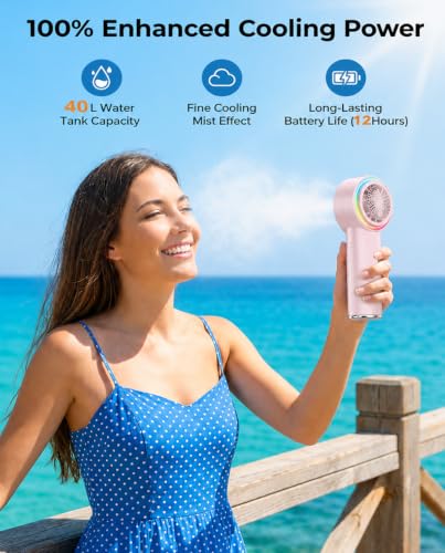 Portable Fan with Mist, AC-Level Ice Cooling Handheld Fan, 5000mAh Battery | 1-199 Speed, 26000 RPM Powerful Turbo Fan, 40ml Water Tank Personal Fan, Mini Fan, for Travel, Makeup, Camping, Outdoors - color: Deep pink