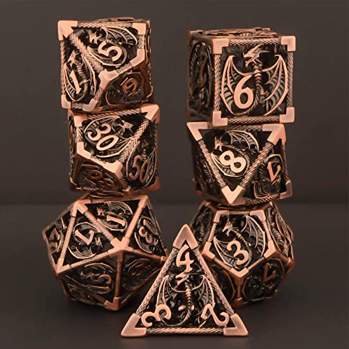KERWELLSI Hollow DND Dice Set D&D with Gifts Box, 7pcs Polyhedral Metal D and D Dice for Role Playing Game, Dungeon Dragon Dice D20 D12 D10 D8 D6 D4 (Copper) - color: Copper