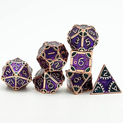 UDIXI Metal Dice Set D&D Steampunk Gear Metal DND Dice for Tabletop Games | 7PCS, Purple, Solid Metal, Metal Gift Box, DM Gift, for Dungeons and Dragons RPG Role Playing Games - color: Gear-purple With Green