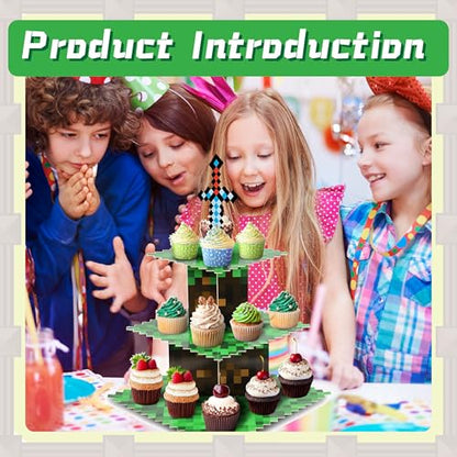 Pixel Block Cupcake Stand 3 Tier - Retro Gaming & Anime Cake Topper Holder for Birthday Party Decorations, Baby Shower Supplies, Pixel Art Centerpiece (2pc)