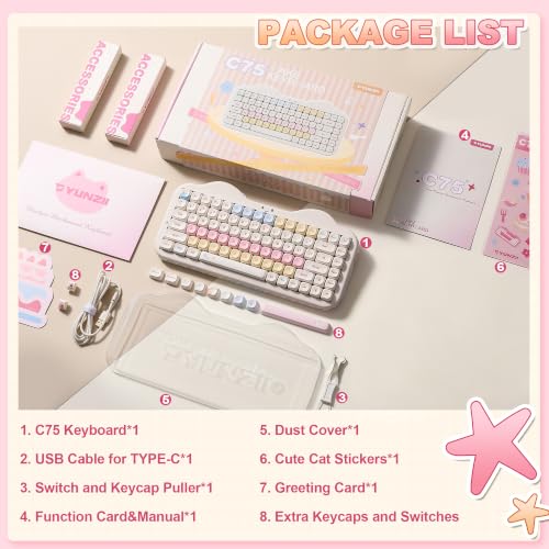 YUNZII C75 Wireless Mechanical Keyboard,75% Layout, Hot-Swappable NKRO,BT5.0/2.4G/USB-C Mode,Dye-Sub PBT MOA Keycaps,RGB Gasket Mount,Cute Cake Design for Mac/Win/Gaming (Beige, Candy Switch) - color: Beige, size: Candy Switch