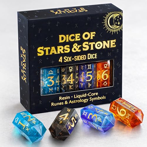 Dice of Stars & Stone – Premium D6 Dice Set | 4-Pack with Dice Bag | Six-Sided, Resin, Liquid-Core | Rune and Astrology Symbols | Witchy Gift | for D&D, Tabletop RPGs, Castings, Board Game Upgrades