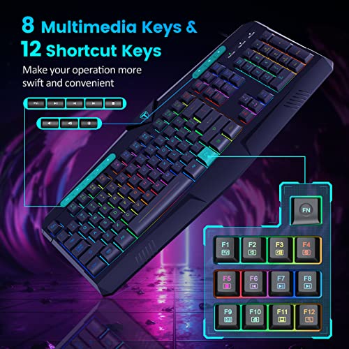 Gaming Keyboard, Full Size RGB Backlit Quiet Computer Keyboard, Wrist Rest, Silent Keys, Multimedia Keys, Anti-ghosting, Waterproof Light Up USB Wired Keyboard for PC Mac Xbox Gamer Office | Quiet Computer Keyboard, Wrist Rest, Silent/Multimedia Keys, Ant